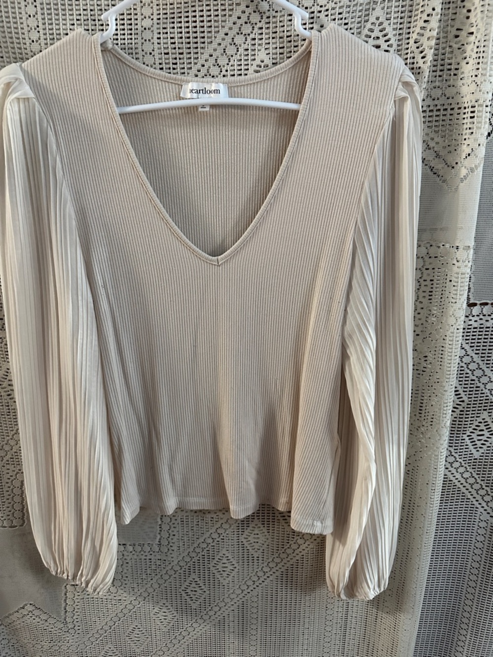 Heartloom Neutral Ribbed V-Neck Top with Pleated Sheer Puff Sleeves